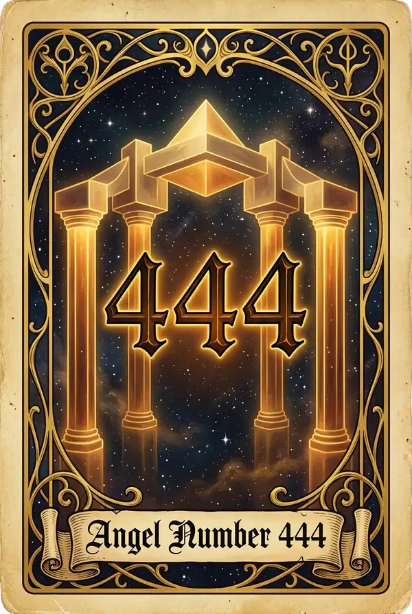 Angel number 444 - four glowing stone pillars forming a sacred protective square